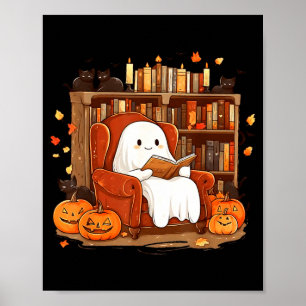Spook leest boek met zwarte kat Cute Halloween Poster