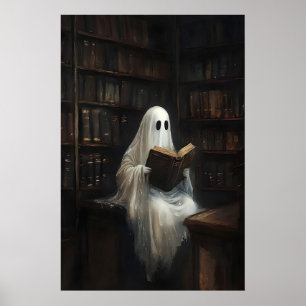 Spook leest boeken in bibliotheekprint, digitaal poster