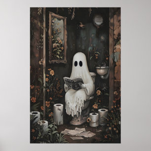 Spook leest krant op toiletprint, donker poster