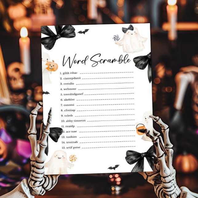 Spook Little Boo Halloween Woordsjabloon Game (Black Bow Little Boo Halloween Baby Shower Word Scramble Game)