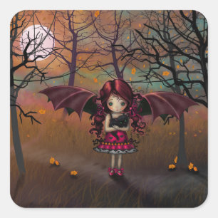 Spook Little Halloween Vampire en Cat Fantasy Art Vierkante Sticker