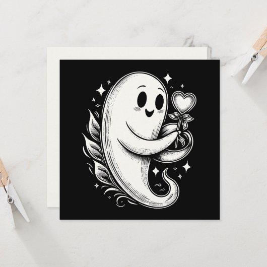 Spook met Hart Schattige Griezelige Valentijn Kaart (Voorkant / Achterkant in situ)