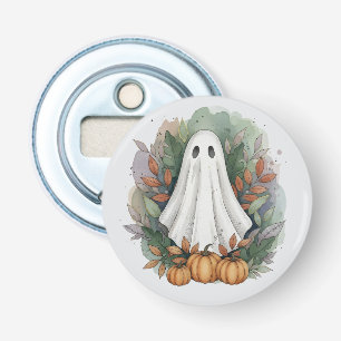Spook met pompoenen en herfstbladeren button flesopener
