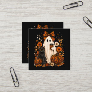 Spook met zwarte koffiekat Halloween Vierkante Visitekaartje