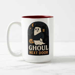 Spook naast de deur   Halloween Tweekleurige Koffiemok