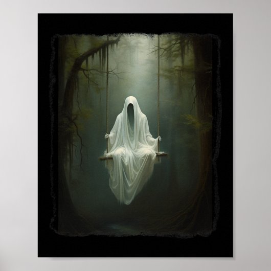 Spook op de schommel in bloemenbos Halloween Vint Poster (Voorkant)