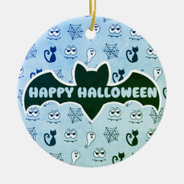 Spook, spinnenwebben en zwarte katten blauw keramisch ornament