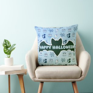 Spook, spinnenwebben en zwarte katten blauw kussen