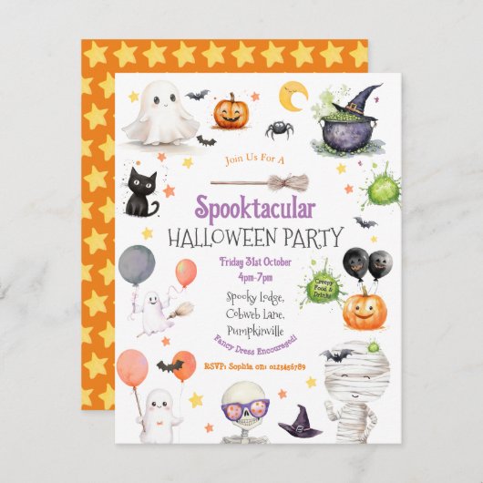Spook-tastic Kinder Halloween Party Invitation Kaart (Voorkant / Achterkant)