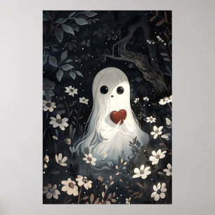 Spook vasthoudend hart in bloemen bos print