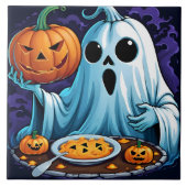 Spook viert Halloween met pompoenen Tegeltje (Voorkant)