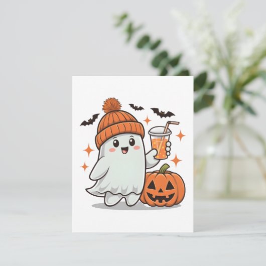 Spook, vleermuizen, pompoen en Drink, Schattigee H Feestdagenkaart (Staand voorkant)