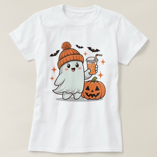 Spook, vleermuizen, pompoen en Drink, Schattigee H T-shirt (Design voorkant)