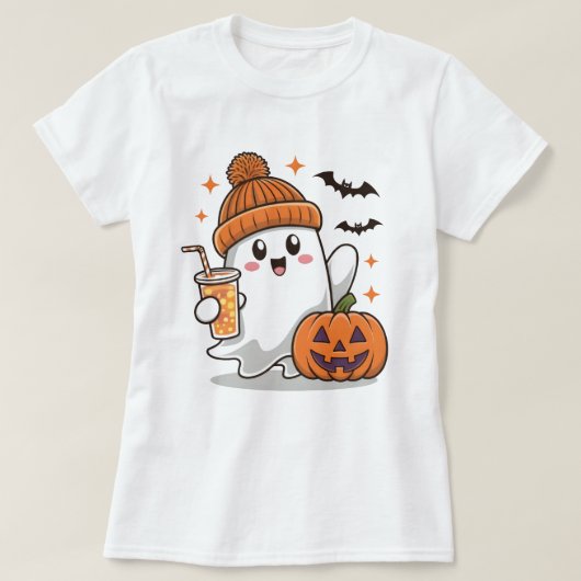 Spook, vleermuizen, pompoen en Drink, Schattigee H T-shirt (Design voorkant)