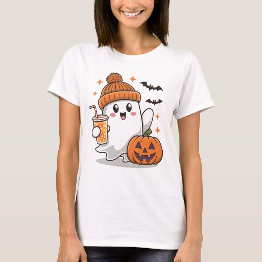 Spook, vleermuizen, pompoen en Drink, Schattigee H T-shirt (Voorkant)