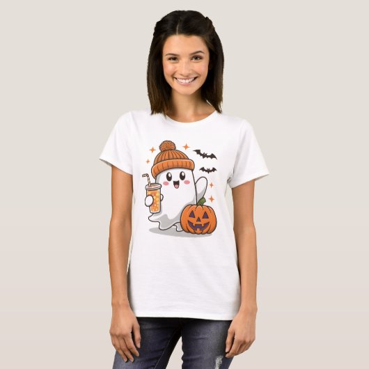 Spook, vleermuizen, pompoen en Drink, Schattigee H T-shirt (Voorkant volledig)