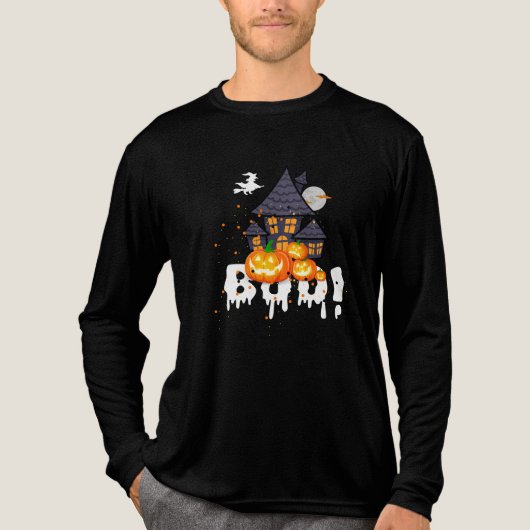 Spookachtig "BOO!" Halloween T-shirt met spookhuis (Voorkant volledig)
