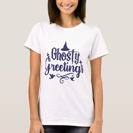 Spookachtig Groeten Donker Blauw en Wit Halloween T-shirt (Voorkant)