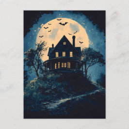 Spookachtig huis op een heuvel, Halloween concept Briefkaart