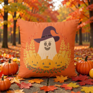 Spookachtig Knuffel Geest En Pompoenen Herfst Kran Buitenkussen