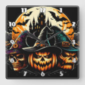Spookachtig pompoendisplay met heksen en een kaste vierkante klok (Voorkant)