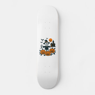 Spookachtig skelet vogelverschrikker en spookhuis persoonlijk skateboard