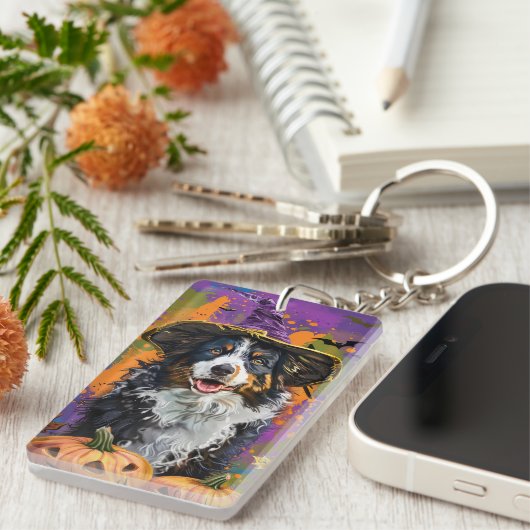 Spookachtige Australische herder Halloween heksenp Sleutelhanger (Voorkant Rechts)