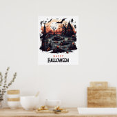 Spookachtige begraafplaats, pompoen schedels en vl poster (Keuken)