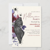 Spookachtige bloemenzwarte strik en spinnen Uitnod Kaart (Voorkant)