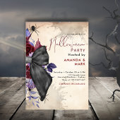 Spookachtige bloemenzwarte strik en spinnen Uitnod Kaart