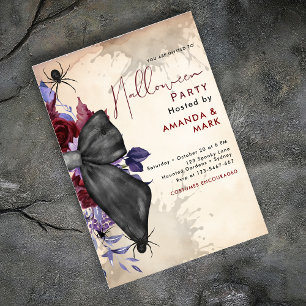 Spookachtige bloemenzwarte strik en spinnen Uitnod Kaart