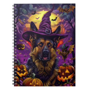 Spookachtige Duitse herder Halloween heksenpompoen Notitieboek