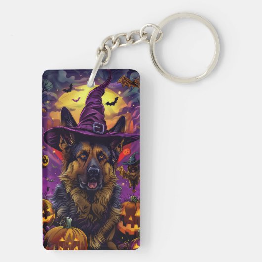 Spookachtige Duitse herder Halloween heksenpompoen Sleutelhanger (achterkant)