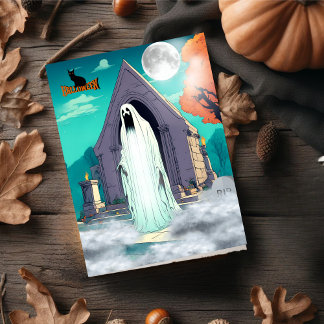 Spookachtige enge geest staat in begraafplaats tij feestdagenkaart