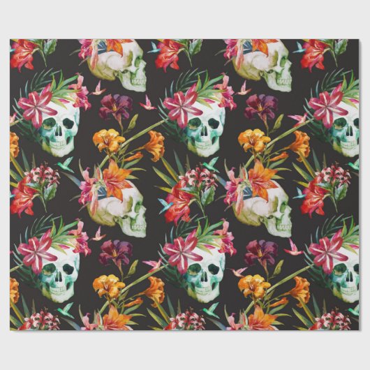 Spookachtige enge schedels met bloemen Halloween Cadeaupapier (Vlak)
