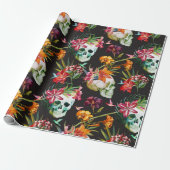 Spookachtige enge schedels met bloemen Halloween Cadeaupapier (Uitgerold)