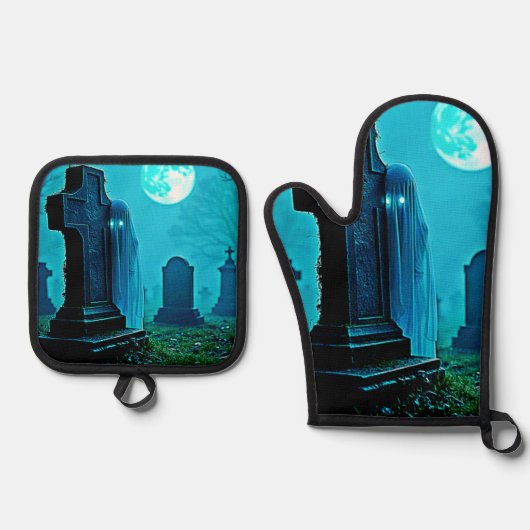 Spookachtige figuur in een Graveyard Design Ovenwant & Pannenlap Set (Voorkant)
