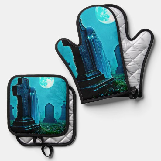Spookachtige figuur in een Graveyard Design Ovenwant & Pannenlap Set (Voorkant / Achterkant)