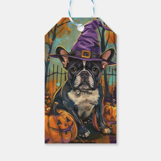 Spookachtige Franse Bulldog Halloween Hekst en Pom Cadeaulabel (Voorkant)