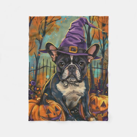 Spookachtige Franse Bulldog Halloween Hekst en Pom Fleece Deken (Voorkant)