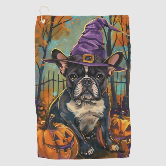 Spookachtige Franse Bulldog Halloween Hekst en Pom Golfhanddoek (Voorkant)