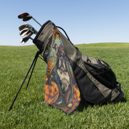 Spookachtige Franse Bulldog Halloween Hekst en Pom Golfhanddoek (Groen)