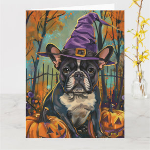 Spookachtige Franse Bulldog Halloween Hekst en Pom Kaart