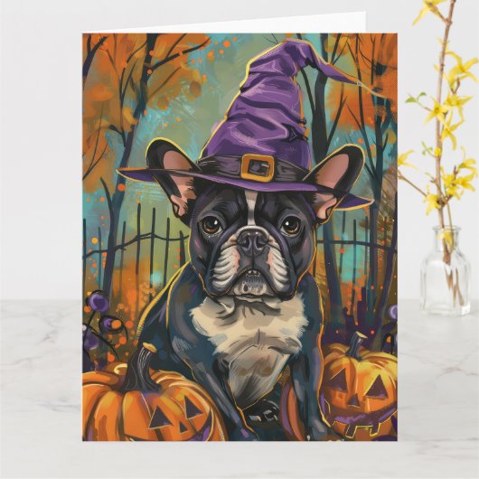 Spookachtige Franse Bulldog Halloween Hekst en Pom Kaart (Gele Bloem)