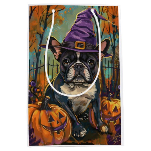 Spookachtige Franse Bulldog Halloween Hekst en Pom Medium Cadeauzakje (Voorkant)
