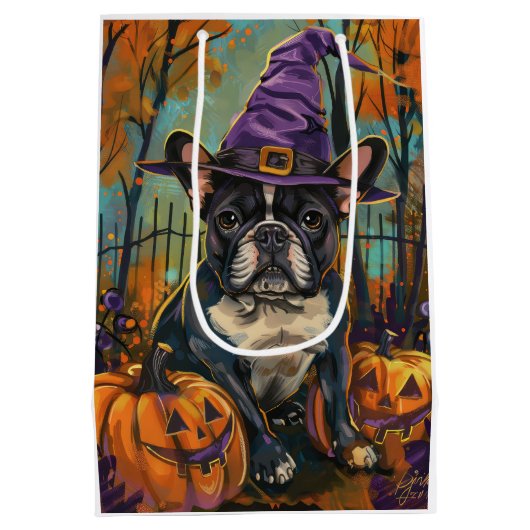 Spookachtige Franse Bulldog Halloween Hekst en Pom Medium Cadeauzakje (Achterkant)
