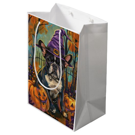 Spookachtige Franse Bulldog Halloween Hekst en Pom Medium Cadeauzakje (Achterkant Gekanteld)