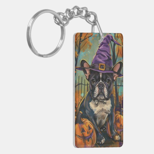 Spookachtige Franse Bulldog Halloween Hekst en Pom Sleutelhanger (Voorkant Links)