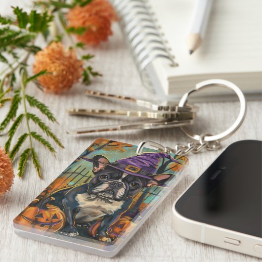 Spookachtige Franse Bulldog Halloween Hekst en Pom Sleutelhanger (Voorkant Rechts)