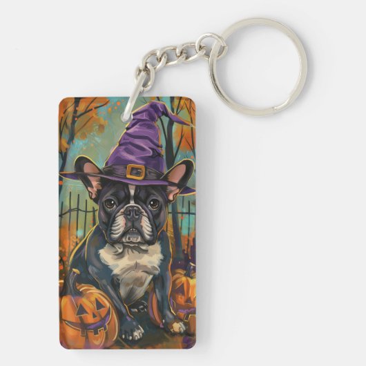 Spookachtige Franse Bulldog Halloween Hekst en Pom Sleutelhanger (achterkant)